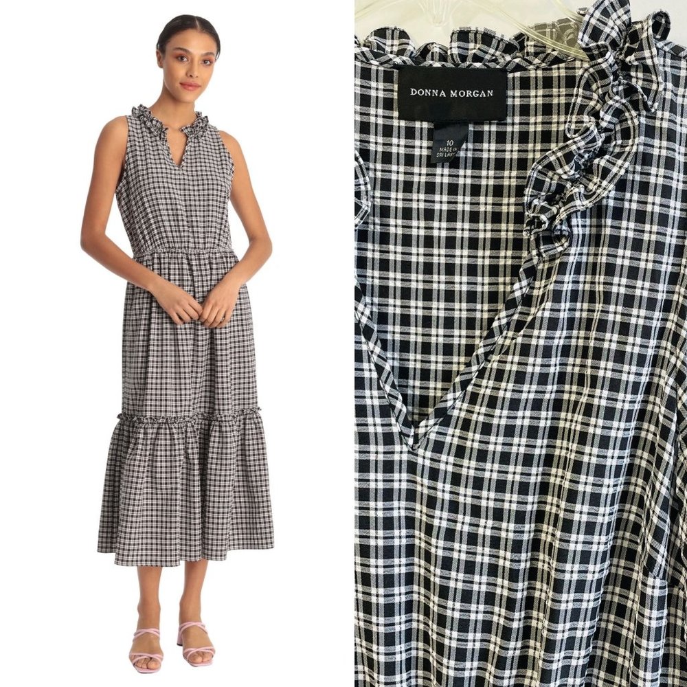 Donna Morgan Midi Dress Size 10 Tiered Dress Plaid Black White Sleeveless New - Picture 1 of 13